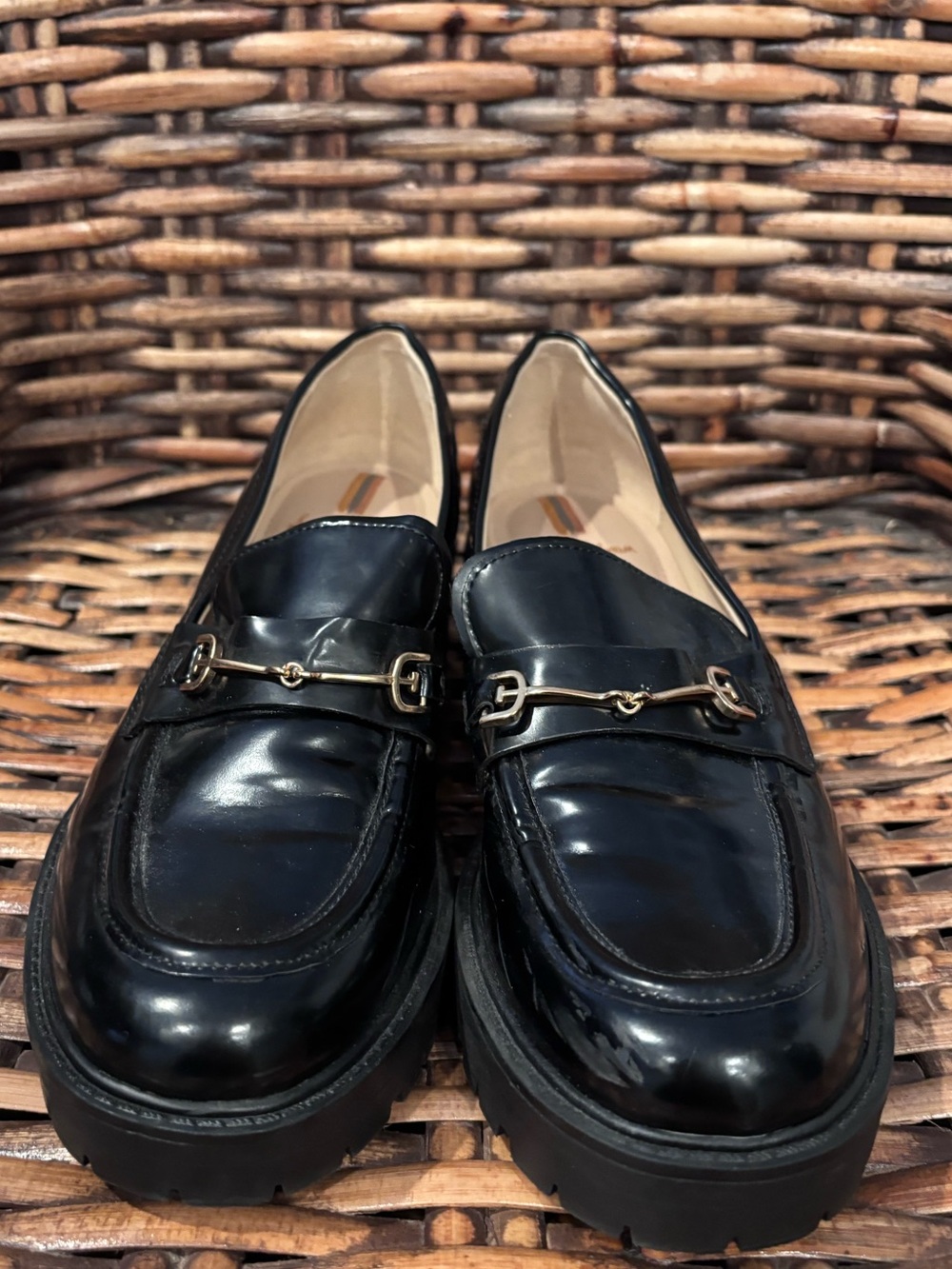 Sam Edelman Black Patent Lug-Sole Loafers with Gold accents . Size 8 - Picture 2 of 12
